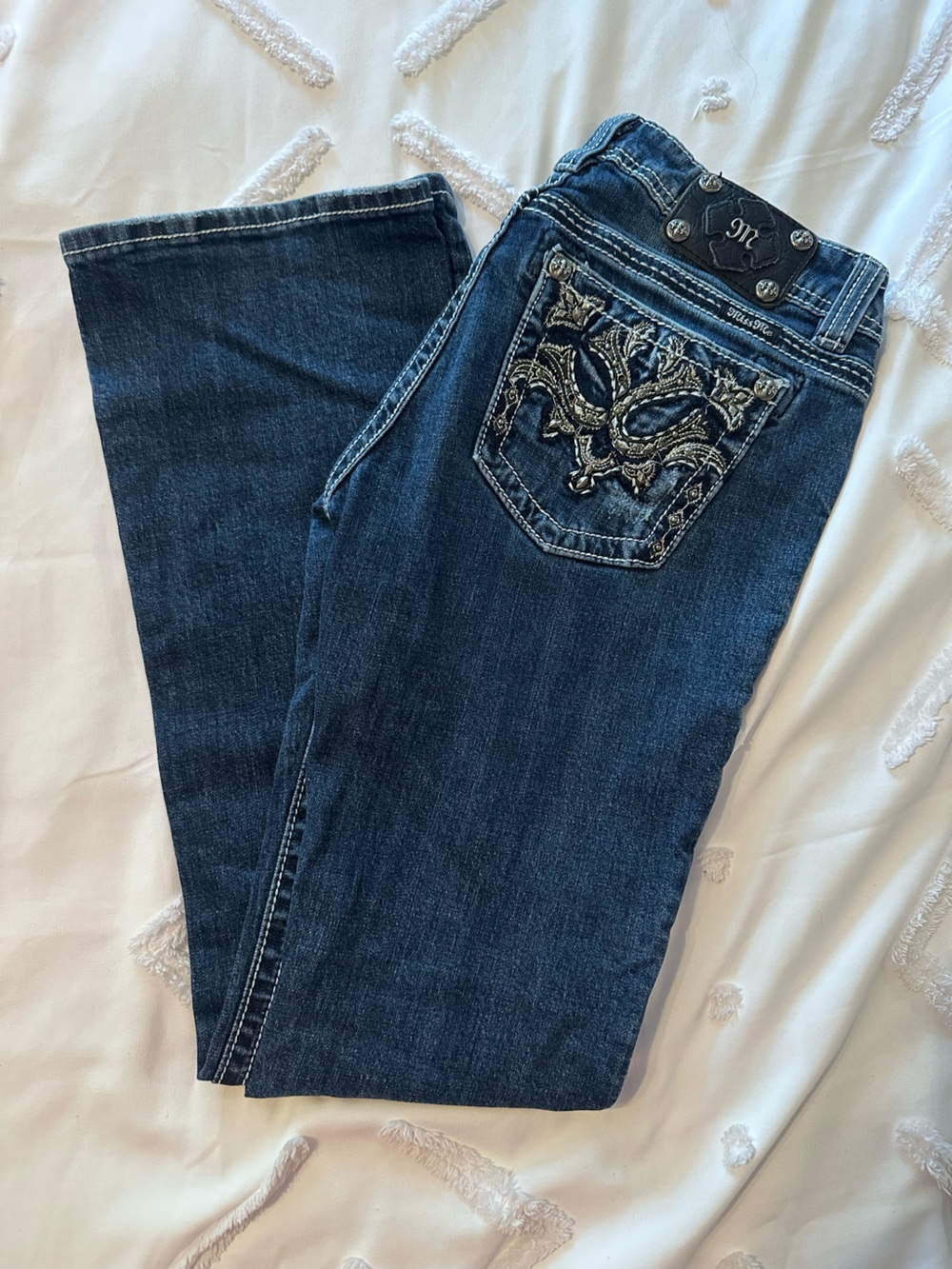 Miss Me Dark Blue Boot Cut Jeans with Embroidered Pocket